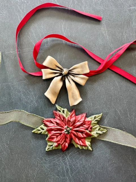 2 LONGABERGER 2006 HOLIDAY POINSETTIA & 2008 Christmas Pewter ribbon Tie-ons