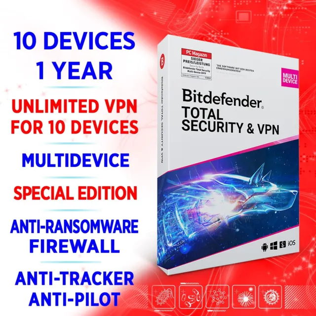 Bitdefender Total Security 2024 & Premium unlimited VPN 10 devices 1 Jahr