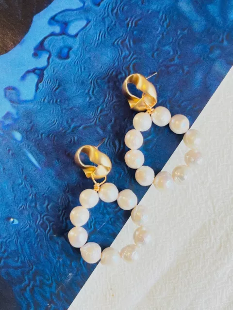 Large White Natural Pearls Circle Round Hoop Retro Pierced Drop, Earrings Women