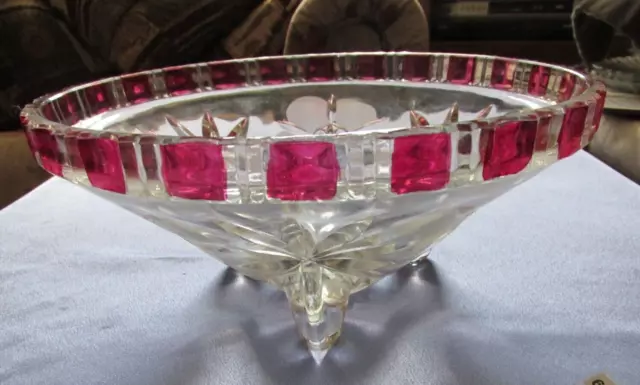 Art Deco Large Mid Century Clear/red Glass 3 Footed Fruit Bowl Heavy Vintage 3