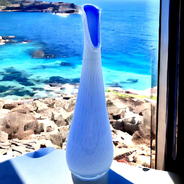 Vtg Swung Hand Blown Glass Vase White Outer Light Blue Inside Bubble Pattern