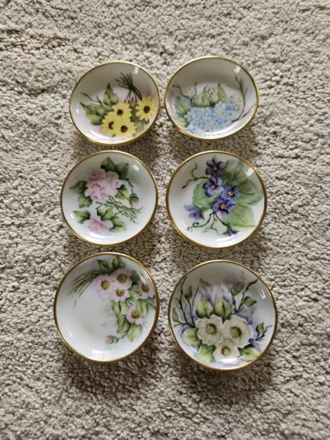 Hand Painted German Porcelain Butter Pats Summer Flowers Gold Edge Signed 6...
