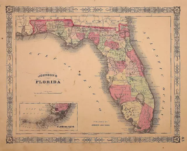 1865 Map ~ FLORIDA ~ Authentic Johnson Atlas Map (14x18)-#001