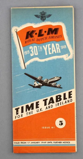 Klm Timetable January 1949 Uk & Ireland Airline Schedule Royal Dutch Airlines