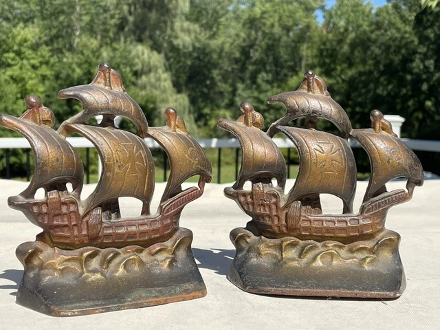 Pair Antique Cast Iron Columbus Bookends Original Finish