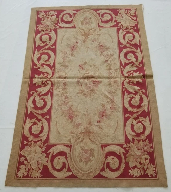 Antique French Needle Point Aubusson Floral Multicolor Wool Rug Carpet 187x125cm