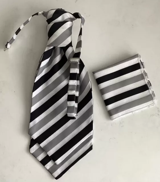 Mens Wedding Ruche Pre-Tied Cravat + Pocket Square - Black, Grey, White Stripe