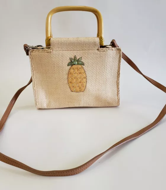 Fossil Forever Wood Handle Pineapple  Canvas Handbag Crossbody Purse Clutch Beig