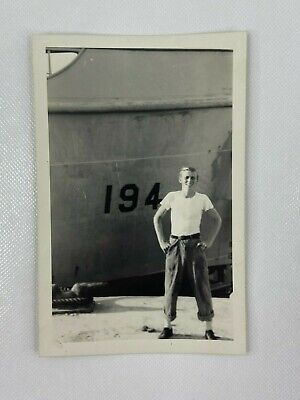 Navy Sailor Standing On Dock Ship USS Bagaduce B&W Photograph Snapshot 4 x 6