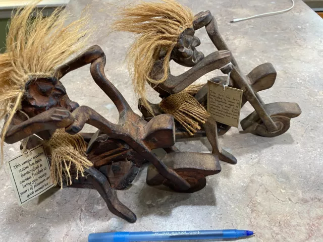Tiki Java Tribal Men on Motorcycle Hand Carved Wooden Sculpture Tag (PAIR)