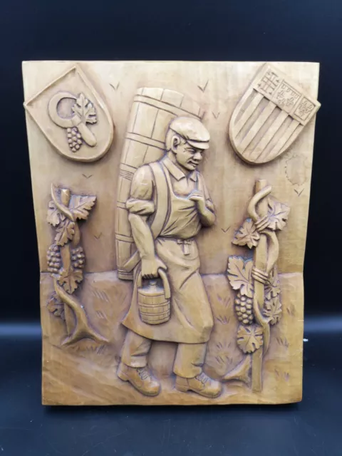 Splendid Vintage French Hand Carved Wooden Panel Winemaker signed by artist