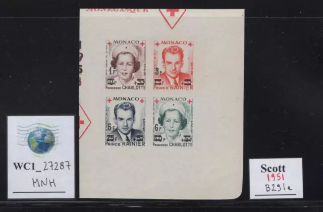 WC1_27287.MONACO. Mini souv. sheet 1951 RED CROSS ovpt. imperf. set.Sc.291a.MNH