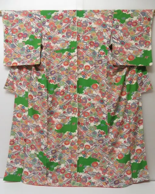 2009T07z1030  Japanese Kimono Crepe Silk KOMON Kyo-Bingata Green