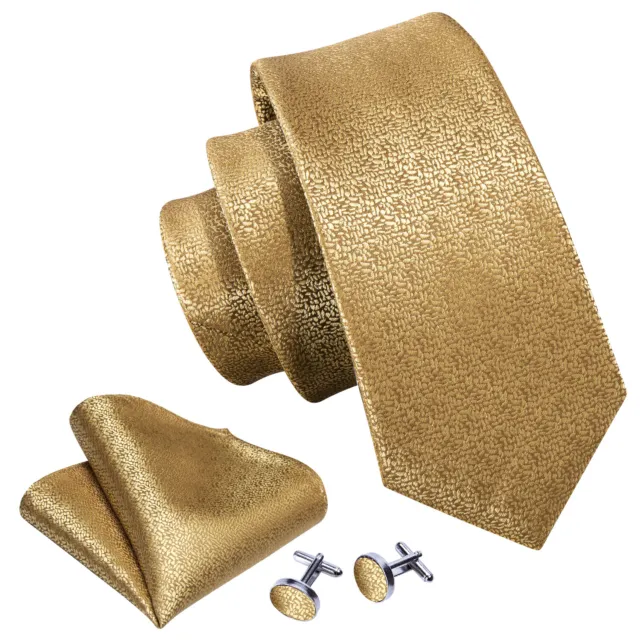 Mens Tie Set Gold Jacquard Woven Solid Silk Necktie Pocket Square Cufflinks