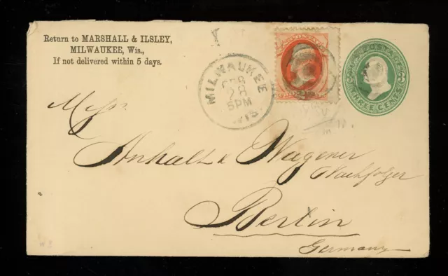 US Postal History #U163+#183 Envelope issued 1874 Milwaukee WI to Berlin Germany