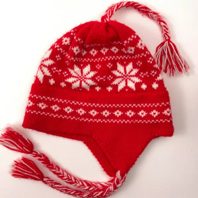 Retro Red White Knit Winter Hat Snowflake Pattern Ear Flaps
