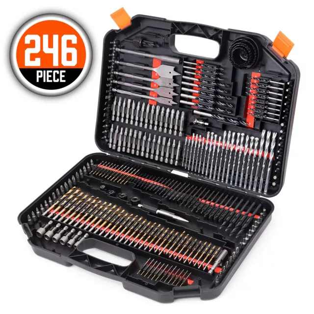 Drill Bit Set 246 Piece  Kit Driver Screw Nut Tools Case Multi Purpose