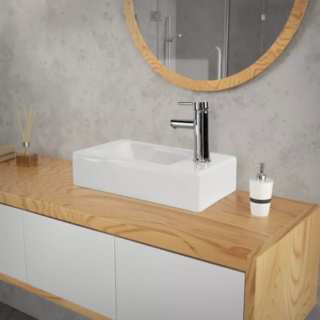 Lavabo blanco cerámica diseño rectangular sobre encimera 460 x 260 mm para baño