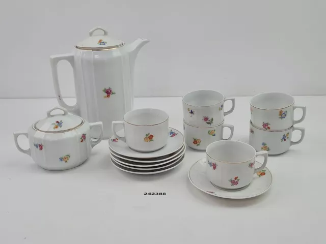 Kaffeeservice Porzellan F gemarkt Antik bunte Blumen Goldrand um 1910 #242388