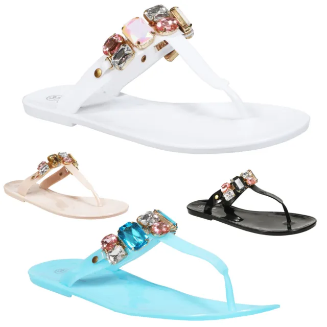 Womens Jelly Flip Flops Sandals Ladies Summer Beach Diamante Toe Post Flat Shoes