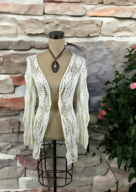 Cream White Crochet Knit Cardigan Sweater Boho Hippie Fairy Coattagecore Small