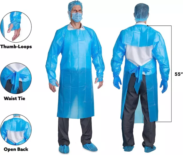 100 x Disposable Medical Gown Overalls CPE Blue Full Sleeve Aprons