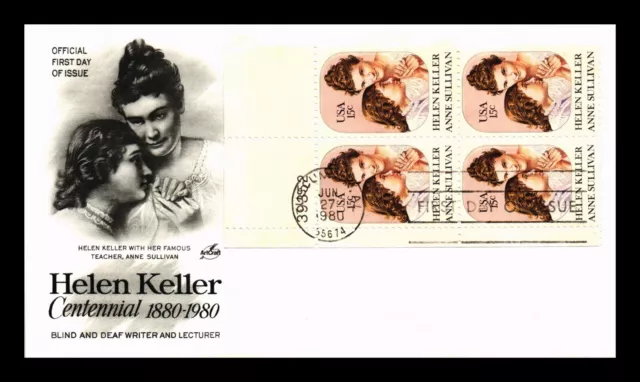 Dr Jim Stamps Us Cover Helen Keller Centennial Fdc Plate Block Artcraft Cachet