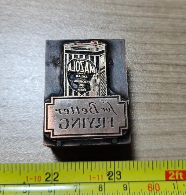 Vintage Letterpress Printing Block Mazola Oil Can For Frying Advertising