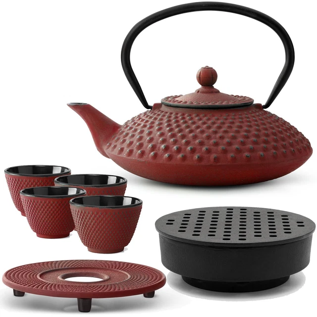 Gusseisen Tee Set rot 1.25 Liter Kanne mit Stövchen & 4 Teebecher & Untersetzer