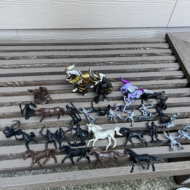 Plastic knights and horses and castle medieval army figures black, silver, Papo