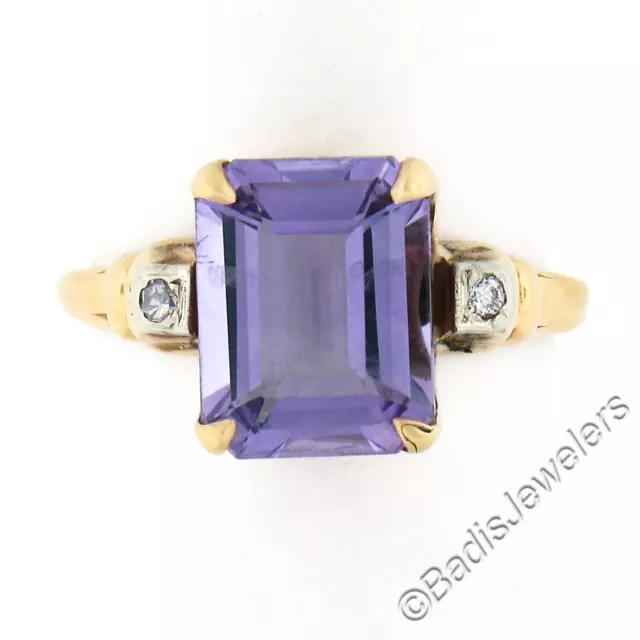 Vintage 14k Gold 2.44ctw Emerald Cut Amethyst Solitaire w/ Diamond Accents Ring