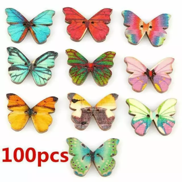 100Pcs Mixed 2-Holes Butterfly Shape Wooden Sewing Buttons Scrapbooking Crafts