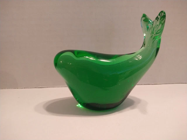 Vtg Emerald Green Glass Whale Paperweight. Coastal Beach Cottage Nautical Decor