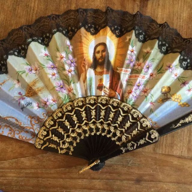 Kitsch Spanish Black And Gold Plastic And Lace Jesus Fan