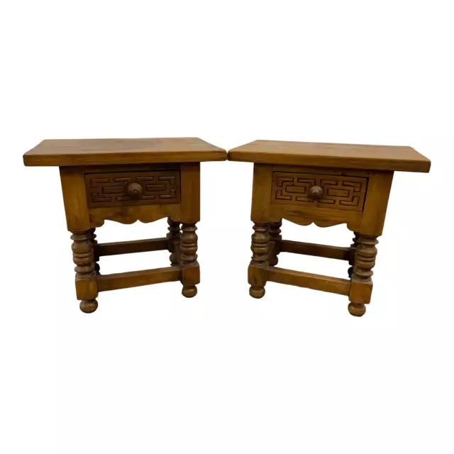 Vintage Spanish Colonial Joint Stools Carved Benches w Drawers Pair Rustic Boho