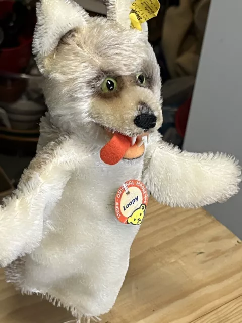 Rare STEIFF Loopy Wolf Hand Puppet ~ ALL IDs 1968-78 German Mohair Vintage Toy