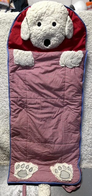 Pottery Barn Kids Shaggy Tan & White Puppy Dog Zip Up Sleeping Bag Red Gingham
