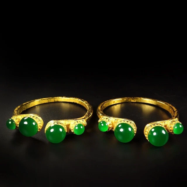 3"China ancient Fine carving Qing dynasty copper Gilding Emerald a pair Bracelet