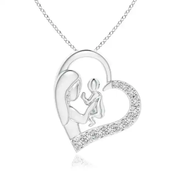 ANGARA Diamond Heart Mother & Baby Pendant Necklace in 14K White Gold