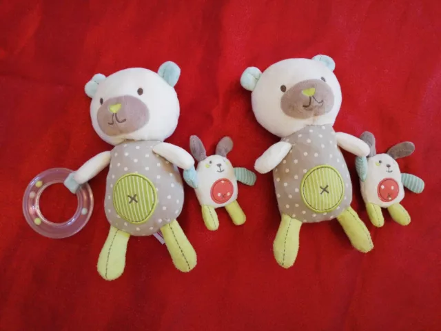 Doudou POMMETTE ours blanc vert anneau grelot pois bleu bébé lapin hochet