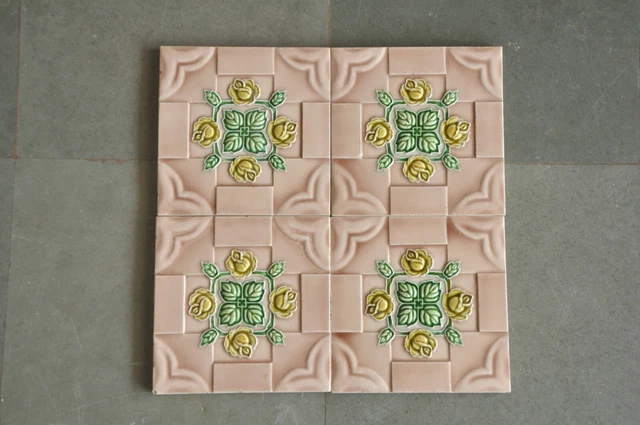 4 Pc Vintage Liberty Mark Flower & Checks Embossed Ceramic Tiles , Japan