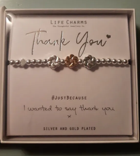Life Charms 'Thank You' Bracelet Silver And Gold 3 Flower In White Box New