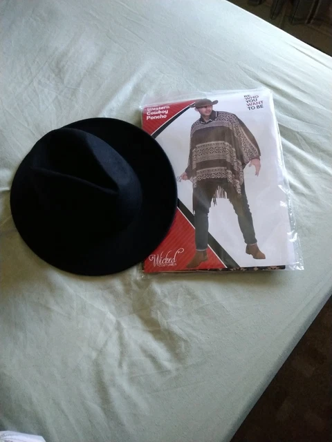 Cappello da cowboy e poncho nero taglia 24" marrone poncho taglia unica nuovo