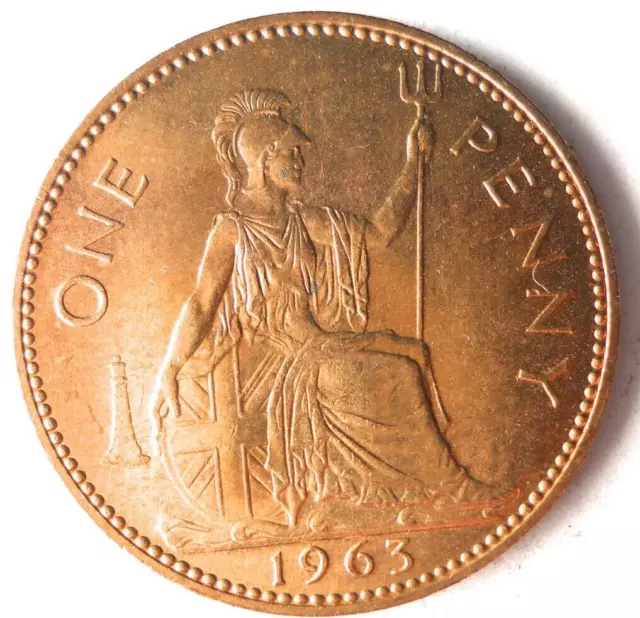 1963 GREAT BRITAIN PENNY - AU/UNC RED - Queen Elizabeth II - FREE SHIP - GbBin