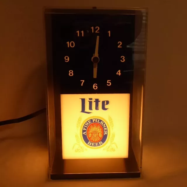 Vintage Miller Lite Beer Brewing Co Cube Clock Tabletop Lamp Bar Light Electric