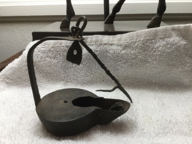 Primitive Antique Hand Forged Betty Lamp Whale Oil Twisted Nice Condition