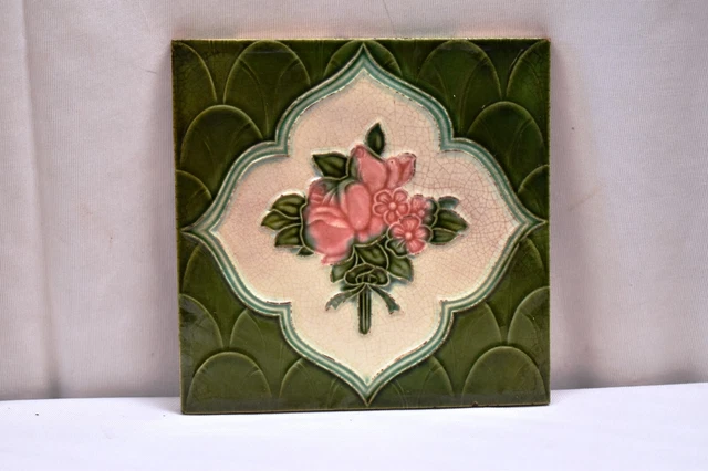 Antique Tile Art Nouveau Majolica Ceramic Porcelain Majolica Rose Flower Green"1 2