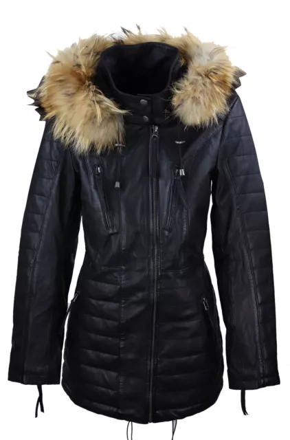 Ladies Real Leather Black Trench Mid Length Hood Raccoon Fur Winter Retro Jacket