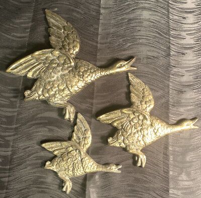 Vtg Lot of 3 1970s Flying Ducks Wall Hanging Geese Decor Art MCM Cast Metal