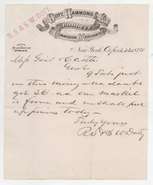1874 Letterhead & Letter Doty Hammond Company Produce New York